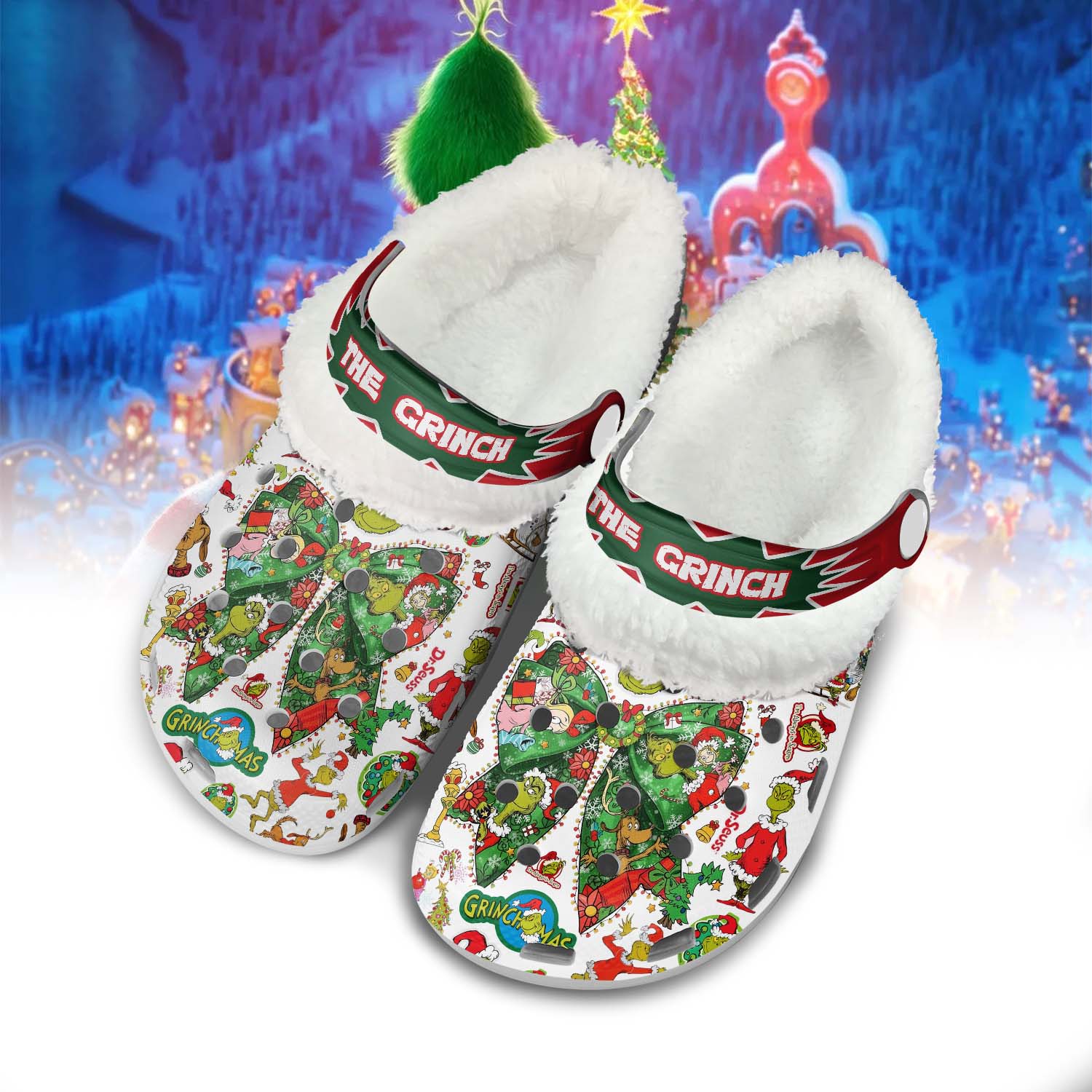 Gleammerch The Grinch x Christmas Fleece Crocs Crocband Clogs Shoes Comfortable For Men Women and Kids