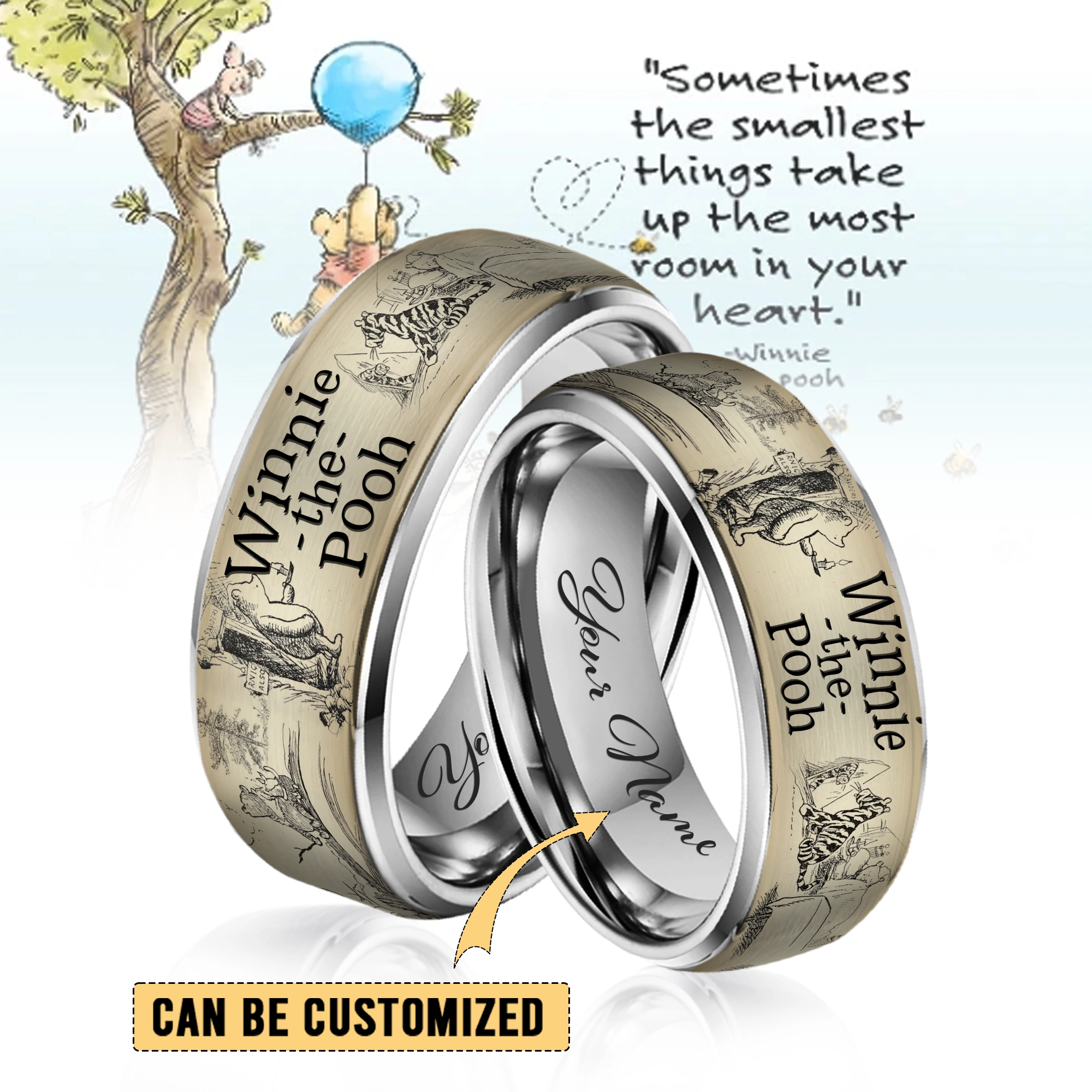 Gleammerch Winnie The Pooh Silver Tungsten Rings Gift For Fans