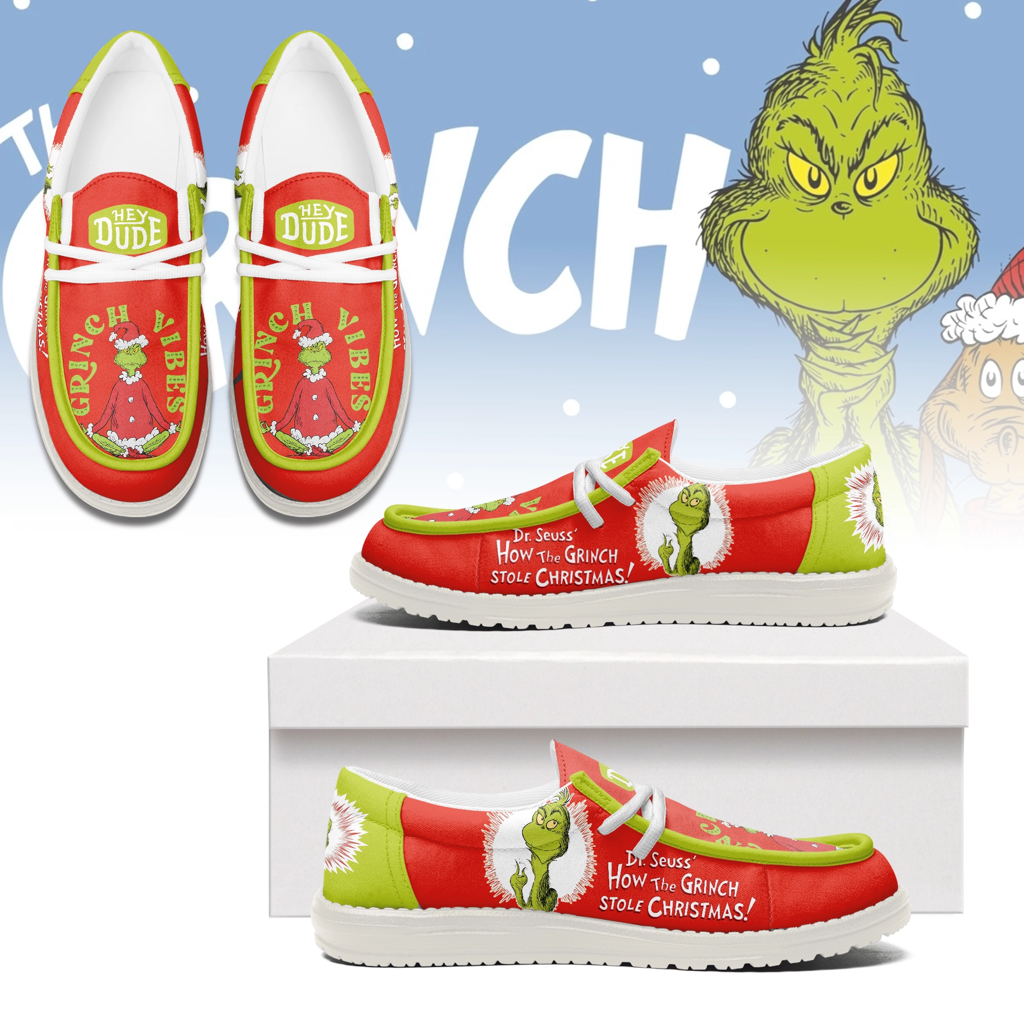 Gleammerch The Grinch x Christmas Hey Dude Shoes For Men And Women
