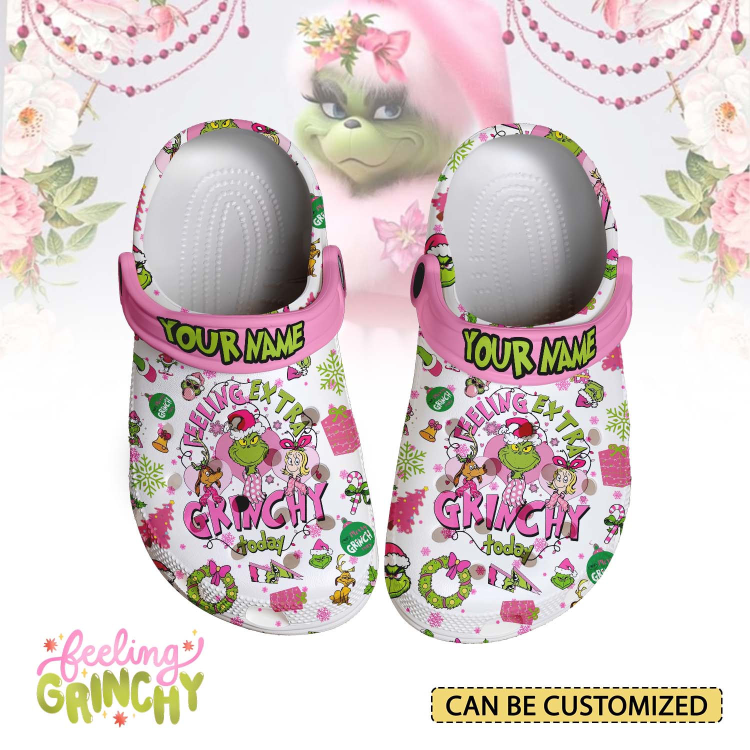 Gleammerch Pink Grinch x Christmas Crocs Crocband Clogs Shoes Comfortable For Men Women and Kids