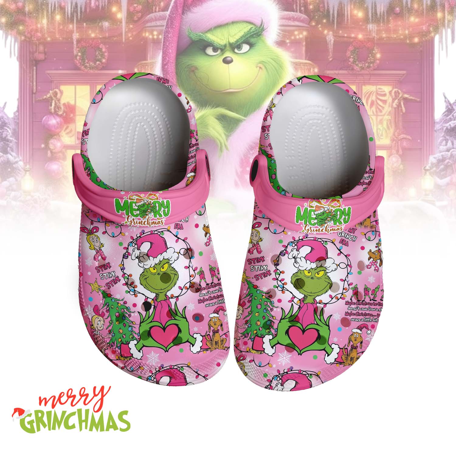 Gleammerch Pink Grinch x Christmas Fleece Crocs Crocband Clogs Shoes Comfortable For Men Women and Kids