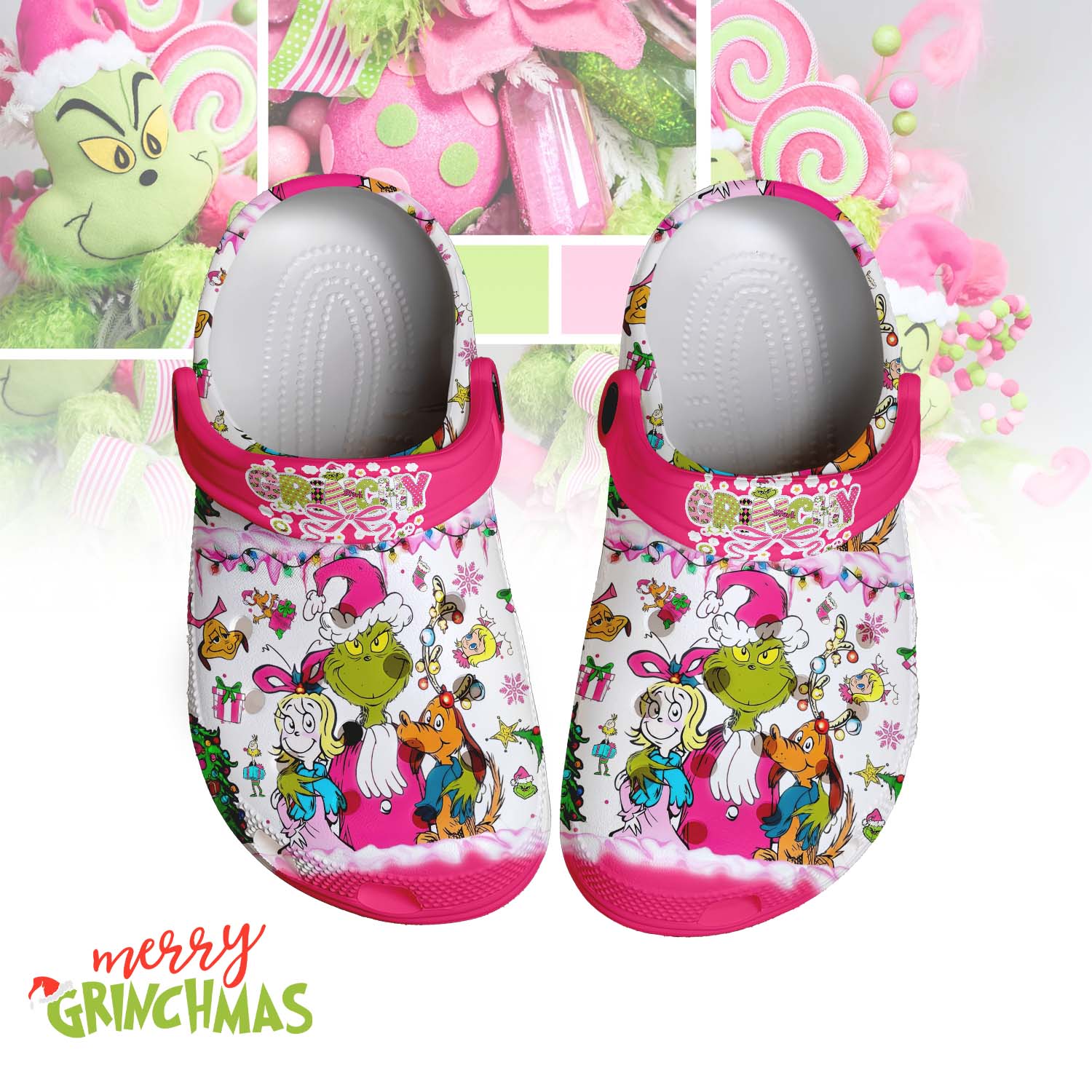 Gleammerch Pink Grinch x Christmas Crocs Crocband Clogs Shoes Comfortable For Men Women and Kids