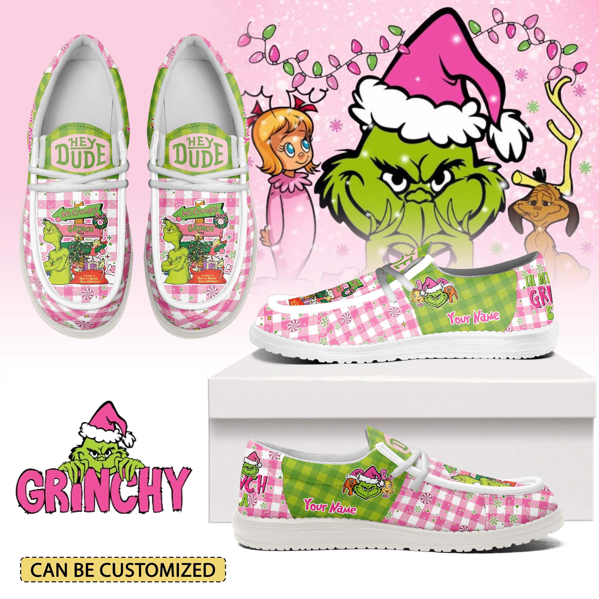 Gleammerch Pink Grinch x Christmas Hey Dude Shoes For Men And Women
