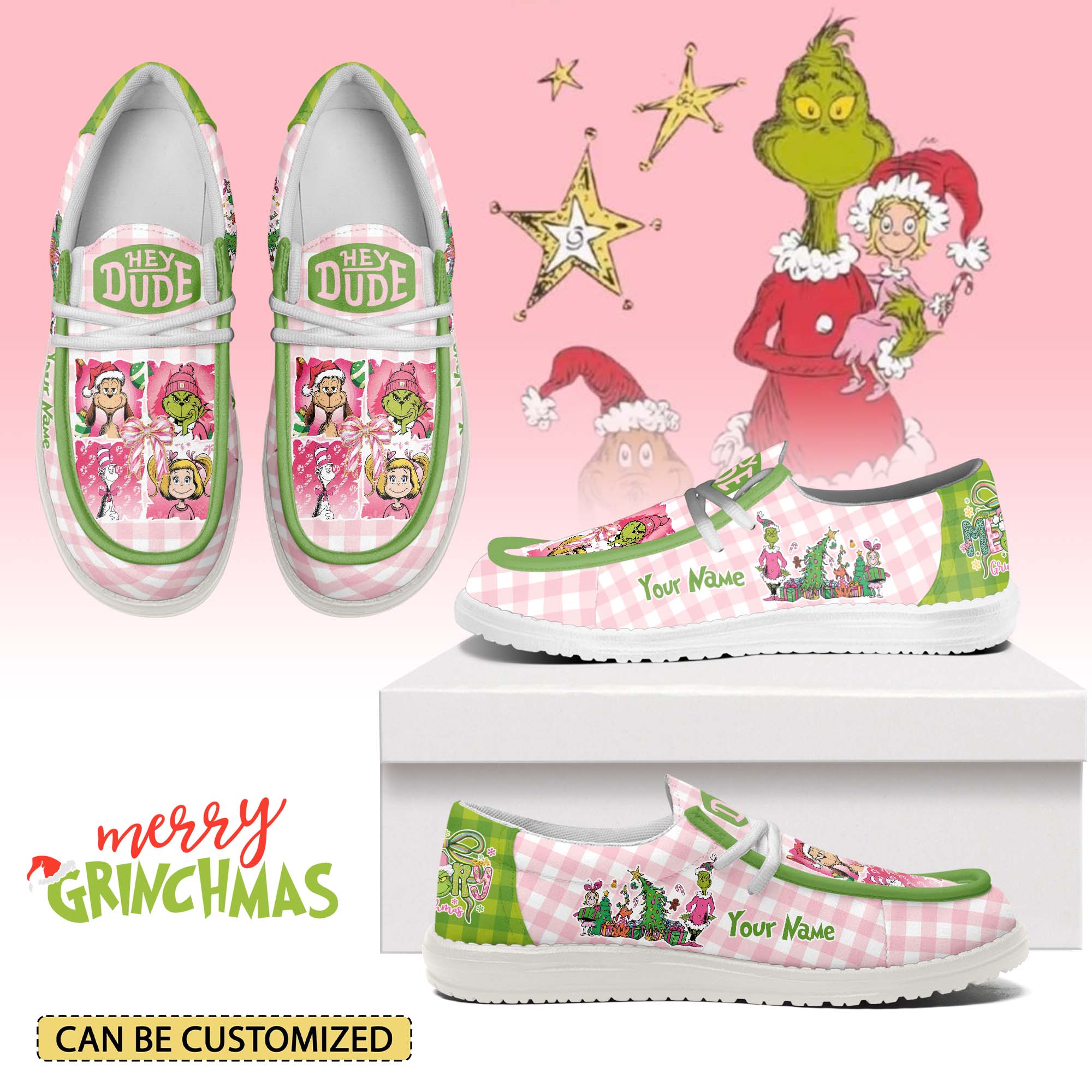 Gleammerch Pink Grinch x Christmas Hey Dude Shoes For Men And Women