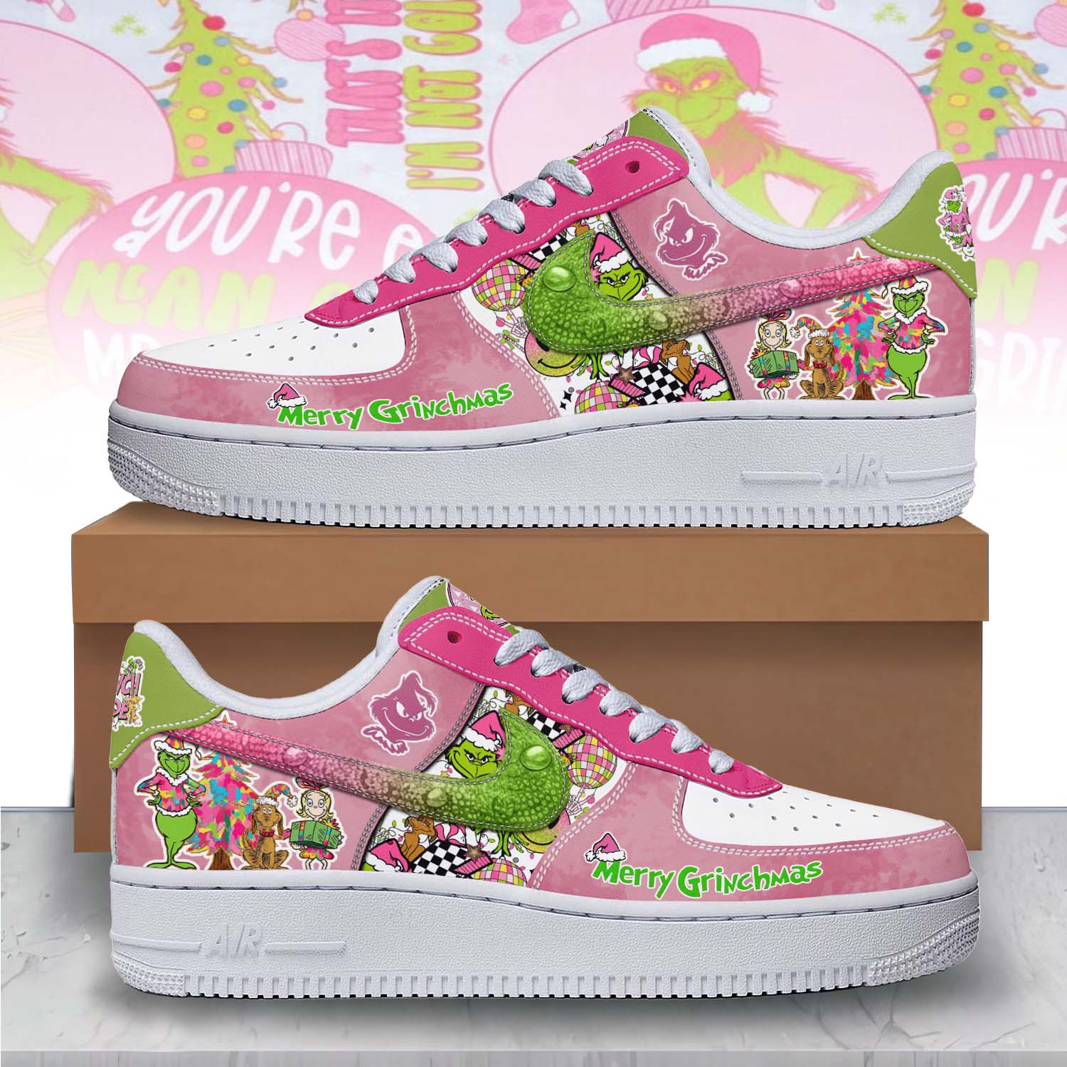 Gleammerch Pink Grinch x Christmas Air Low-Top Sneakers Shoes For Men And Women