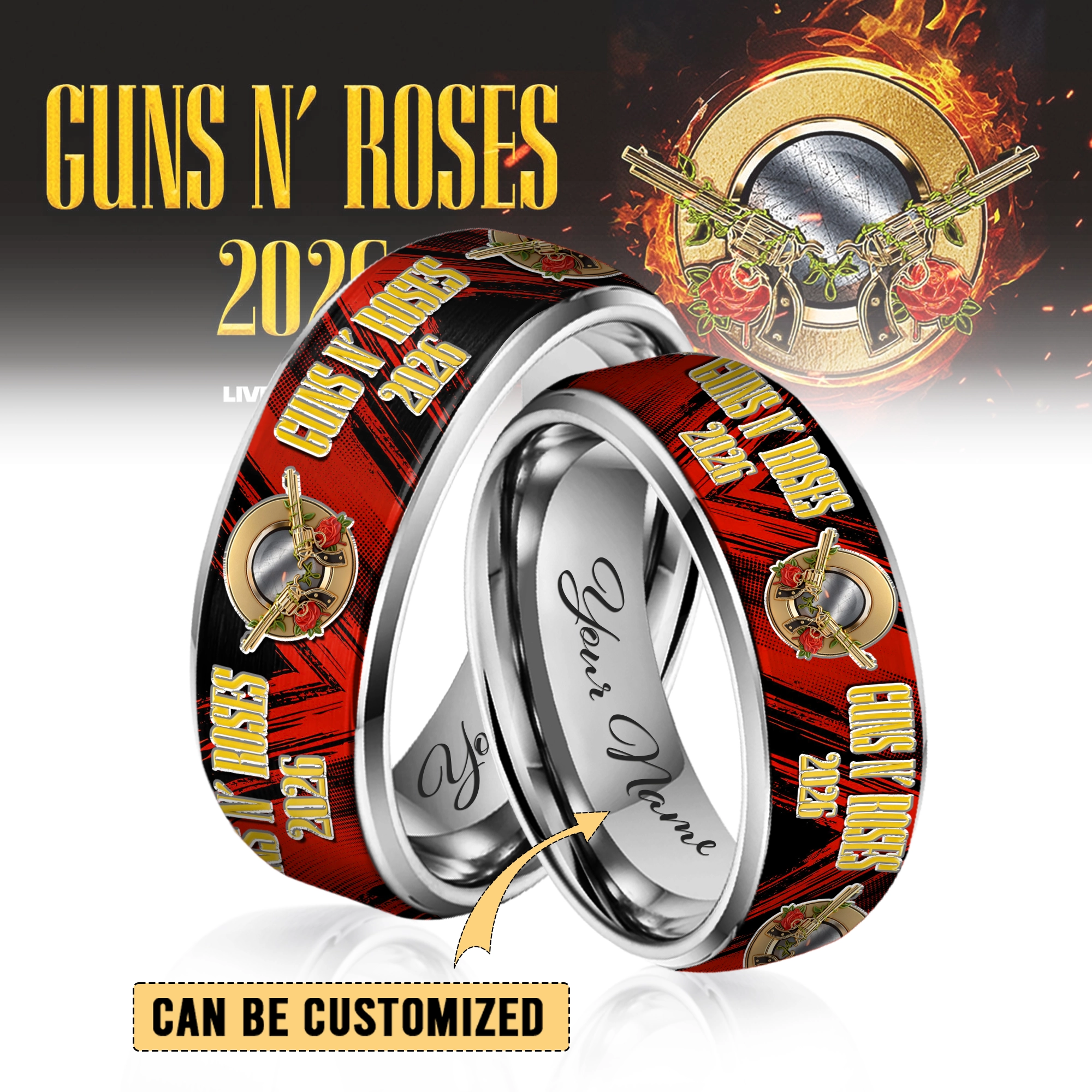 Gleammerch Guns N' Roses Silver Tungsten Rings Gift For Fans
