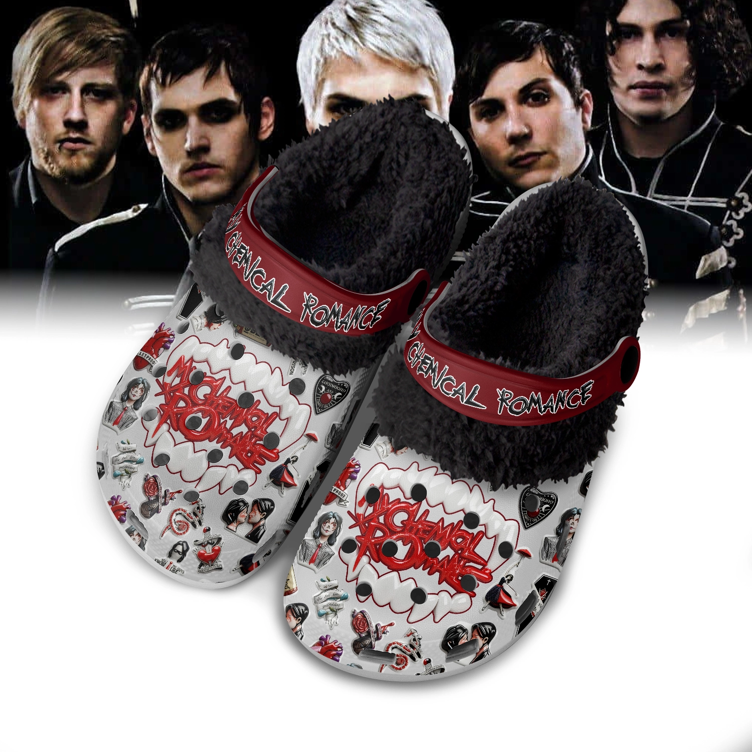 Gleammerch My Chemical Romance Fleece Crocs Crocband Clogs Shoes Comfortable For Men Women and Kids