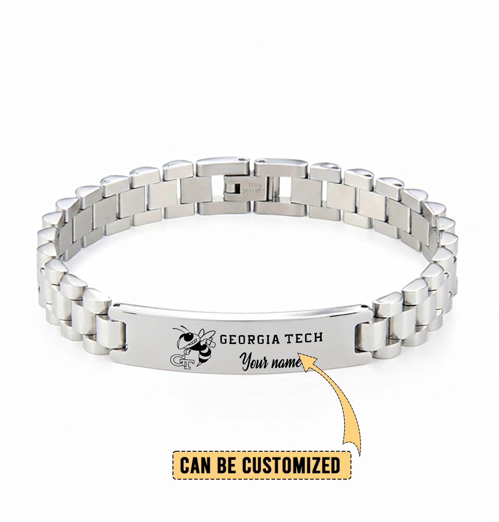 Gleammerch Georgia Tech Yellow Jackets Personalized Men’s Silver Bracelet Gift For Fans