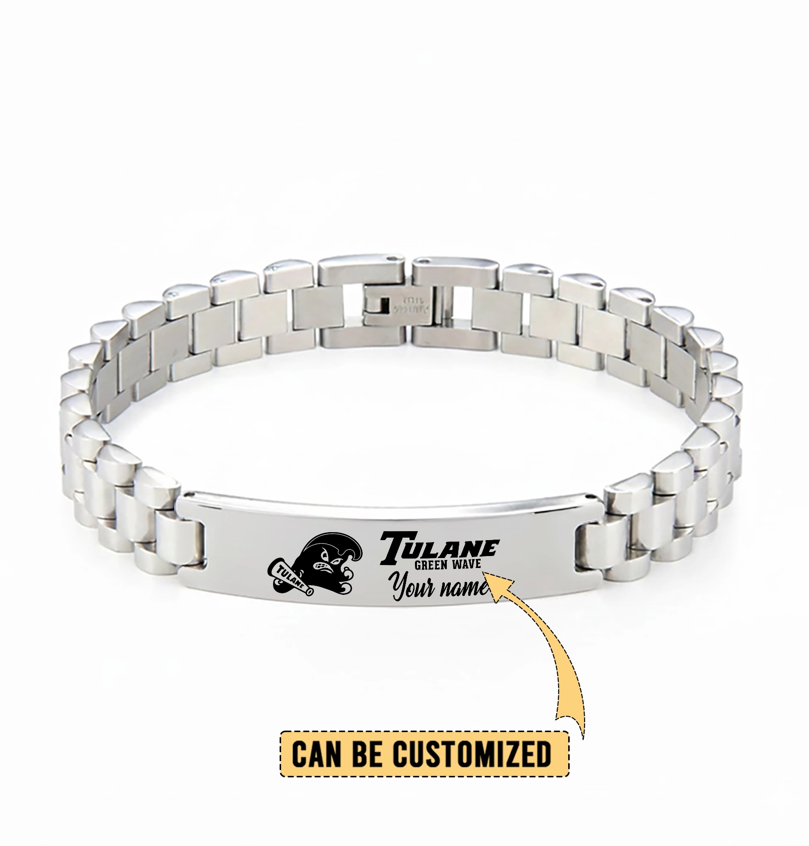 Gleammerch Tulane Green Wave Personalized Men’s Silver Bracelet Gift For Fans