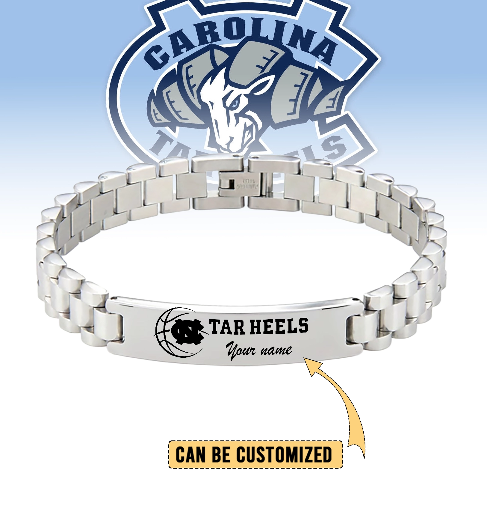 Gleammerch North Carolina Tarheels Personalized Men’s Silver Bracelet Gift For Fans