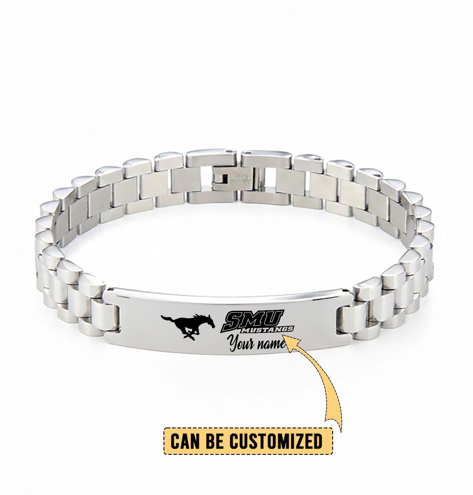Gleammerch SMU Mustangs Personalized Men’s Silver Bracelet Gift For Fans