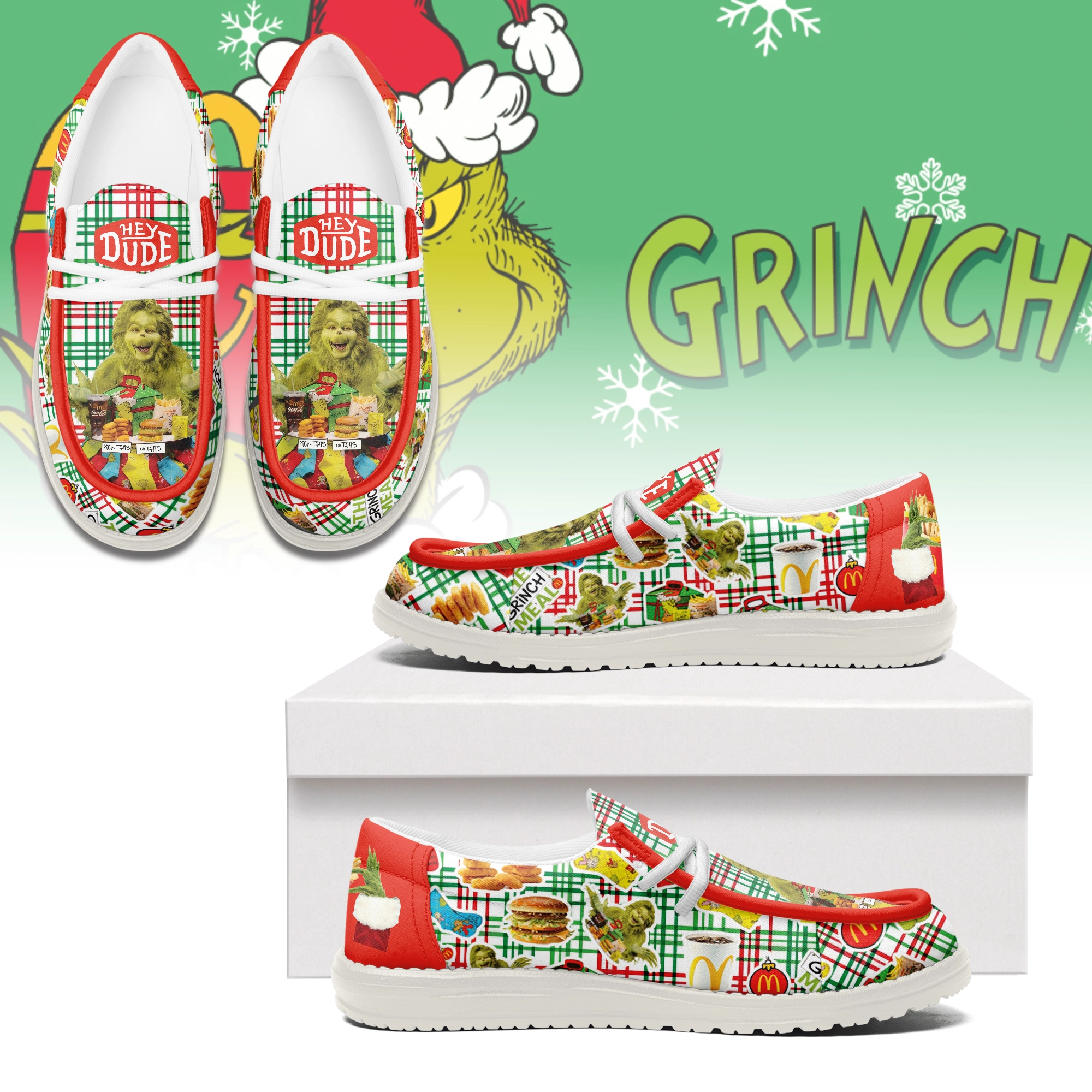Gleammerch The Grinch x Mcdonald's Hey Dude Shoes For Men And Women
