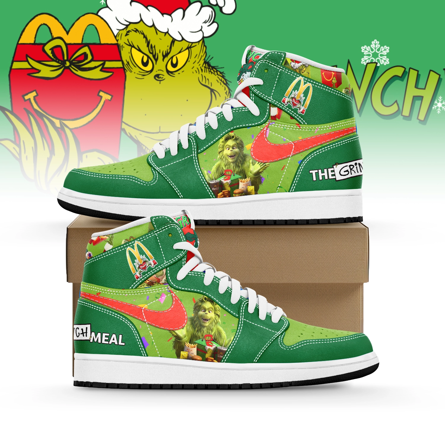 Gleammerch The Grinch x Mcdonald's AJ1 High Sneakers Shoes For Men And Women