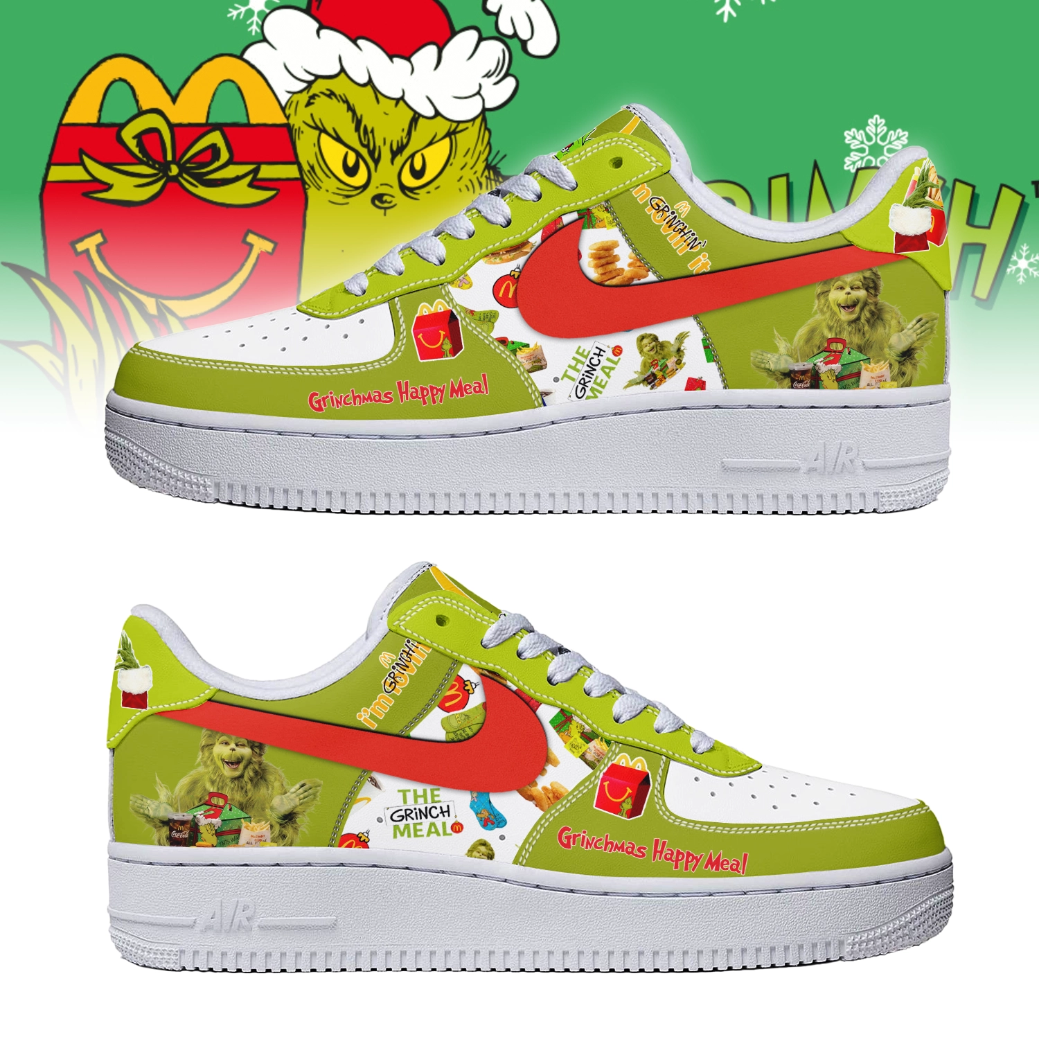 Gleammerch The Grinch x Mcdonald's Air Low-Top Sneakers Shoes For Men And Women