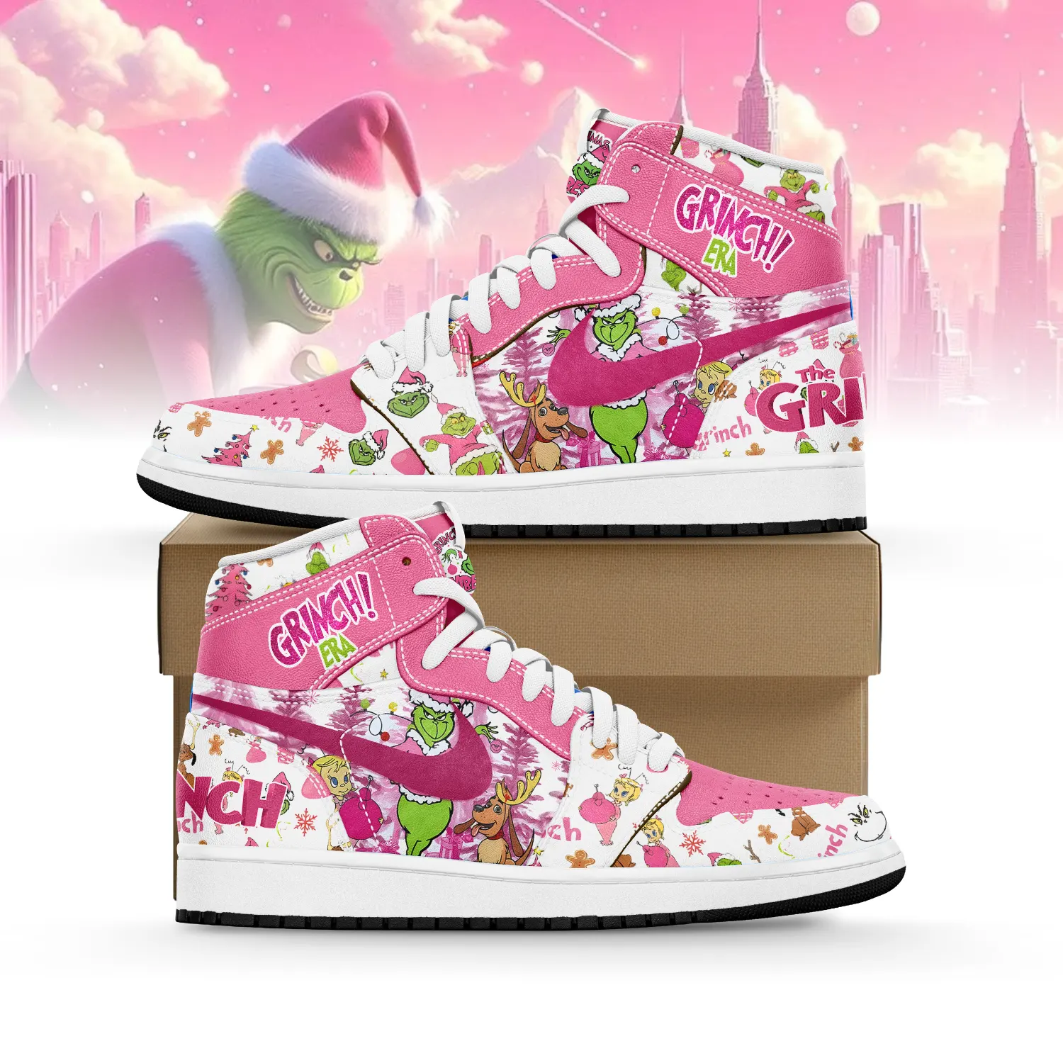 Gleammerch Pink Grinch x Christmas AJ1 High Sneakers Shoes For Men And Women