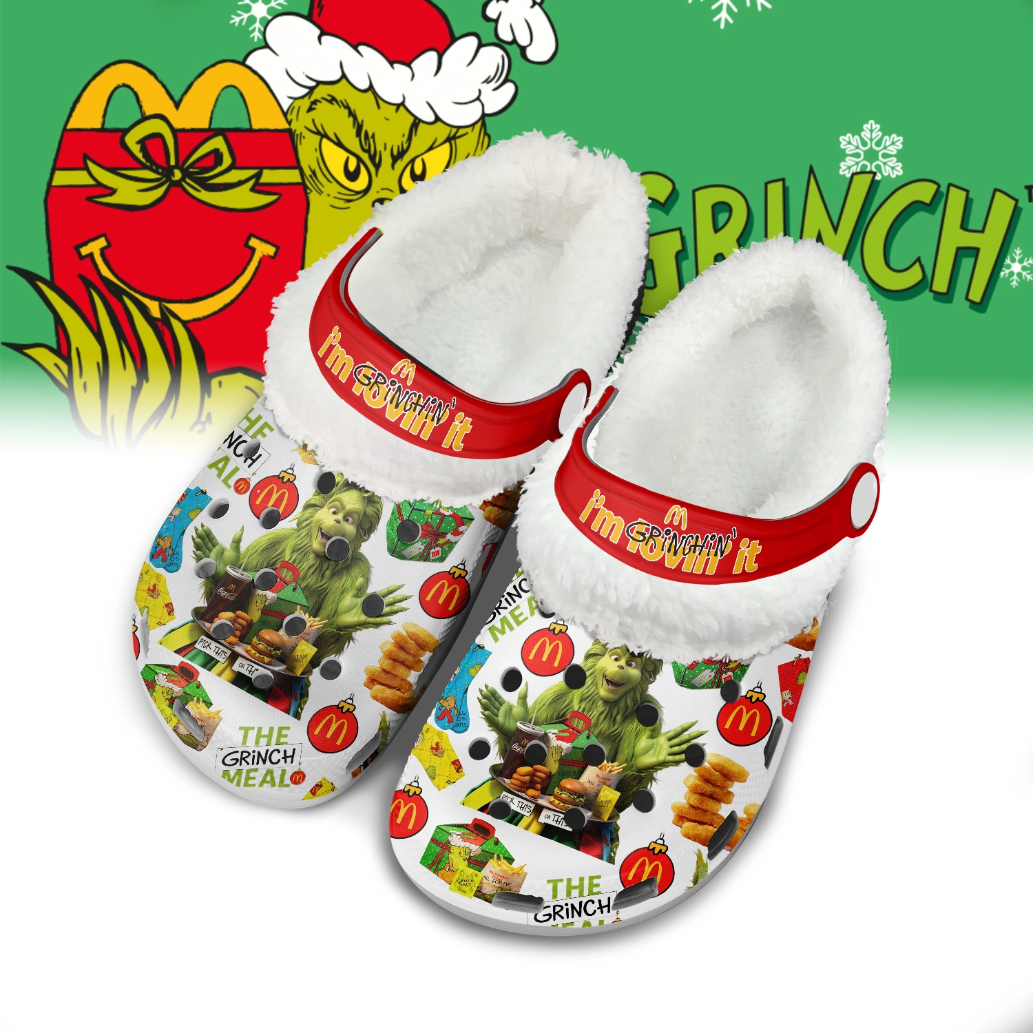 Gleammerch The Grinch x Mcdonald's Fleece Crocs Crocband Clogs Shoes Comfortable For Men Women and Kids