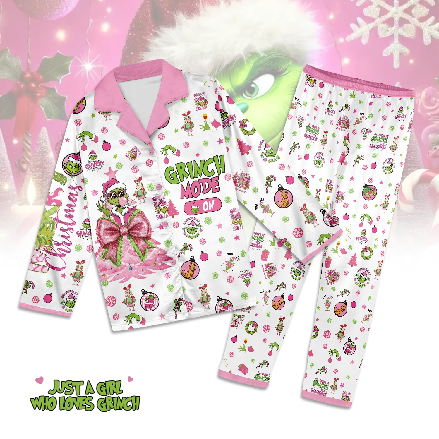 Gleammerch Pink Grinch x Christmas Long Pajamas Set Gifts For Fans