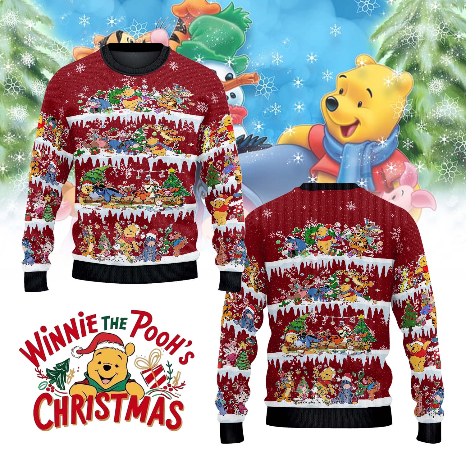 Gleammerch Winnie the Pooh x Christmas Personalized Ugly Sweater For Fans