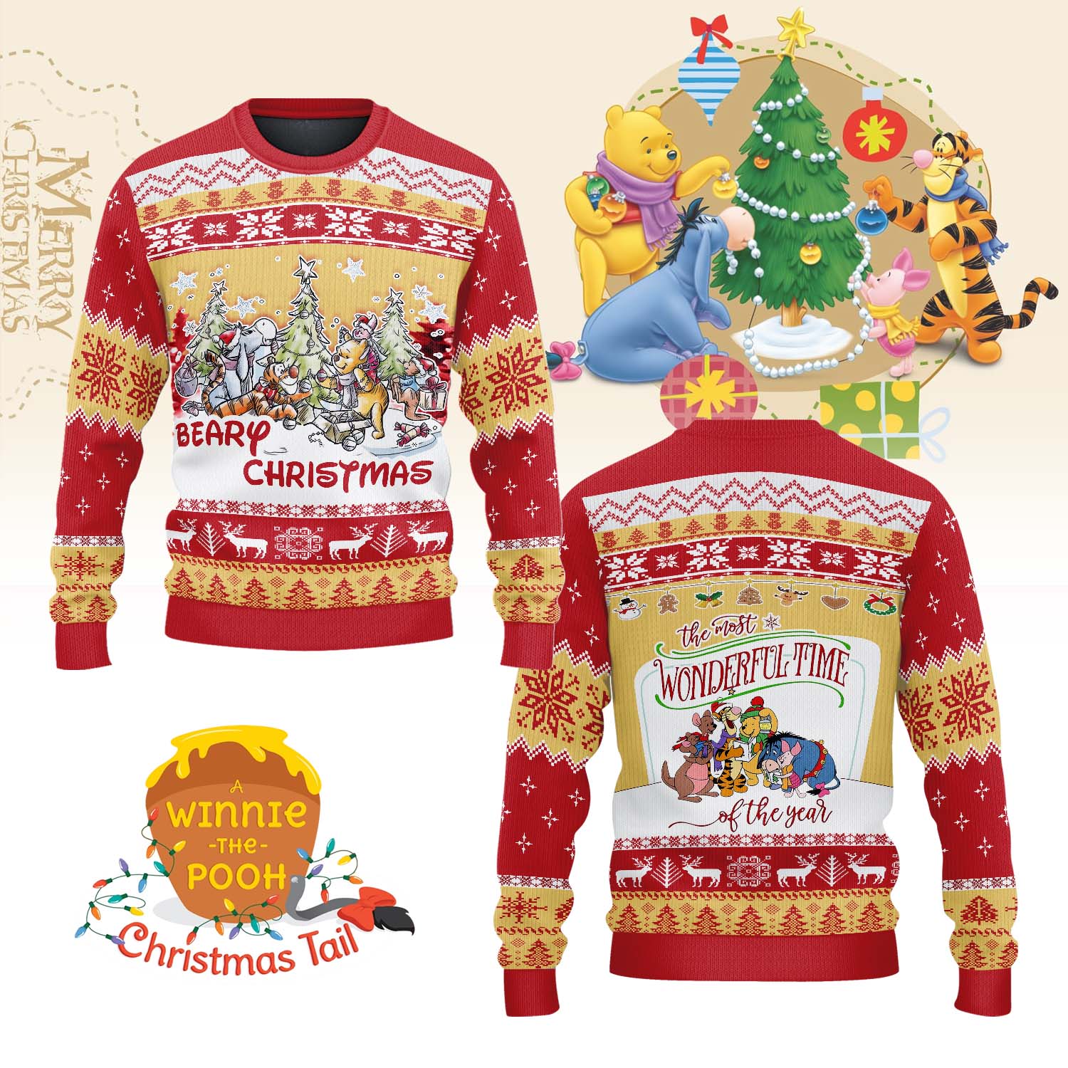 Gleammerch Winnie the Pooh x Christmas Personalized Ugly Sweater For Fans