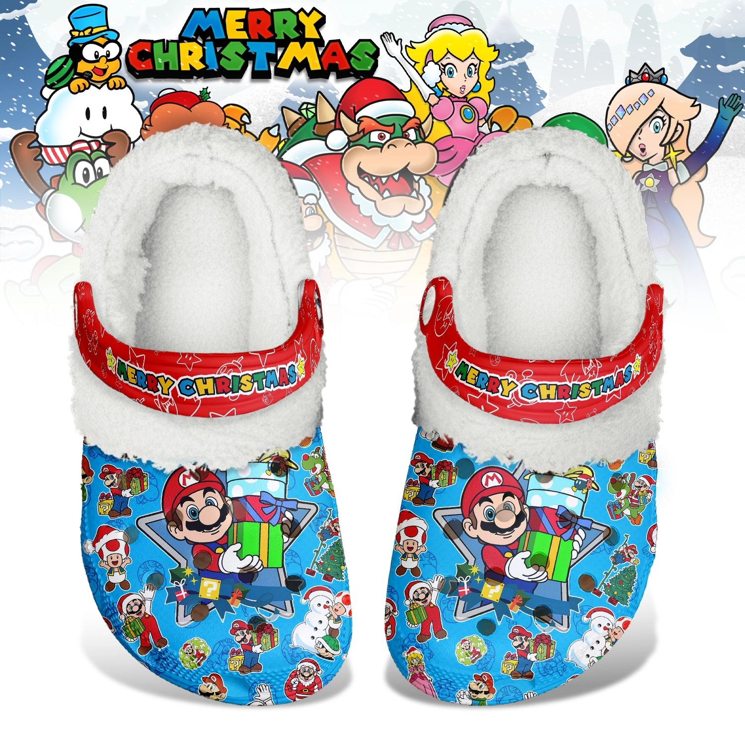 Gleammerch Mario x Christmas Fleece Crocs Crocband Clogs Shoes Comfortable For Men Women and Kids