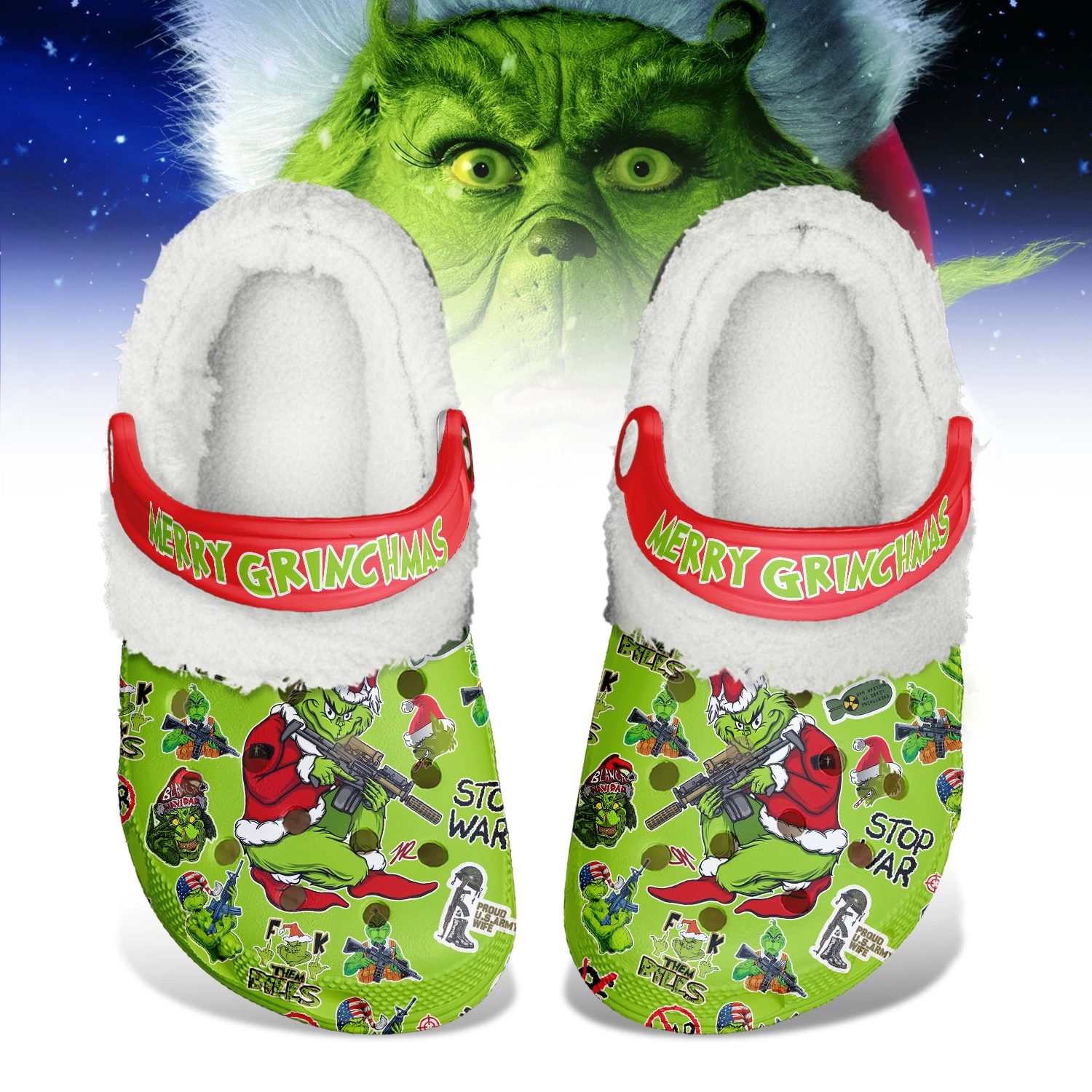 Gleammerch The Grinch Fleece Crocs Crocband Clogs Shoes Comfortable For Men Women and Kids
