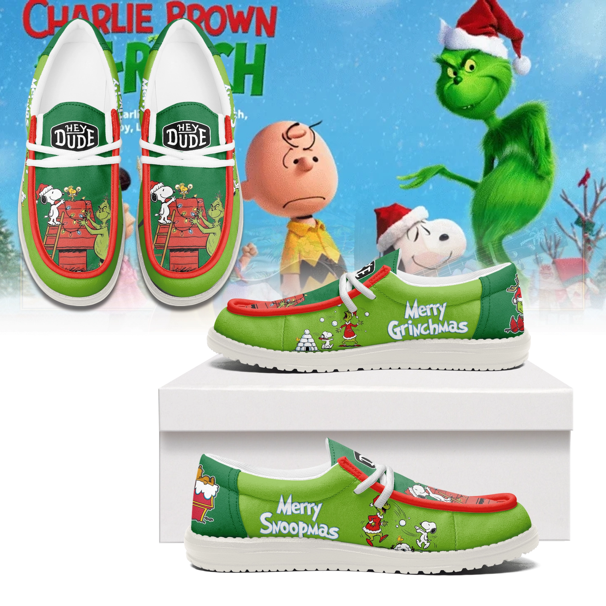 Gleammerch The Grinch x Snoopy x Christmas Hey Dude Shoes For Men And Women