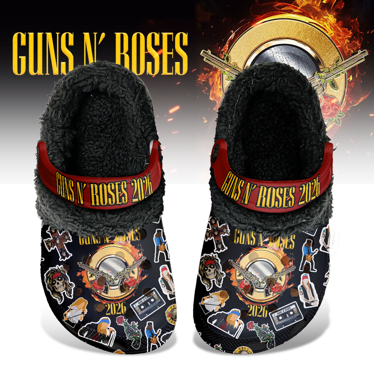 Gleammerch Guns N' Roses Fleece Crocs Crocband Clogs Shoes Comfortable For Men Women and Kids