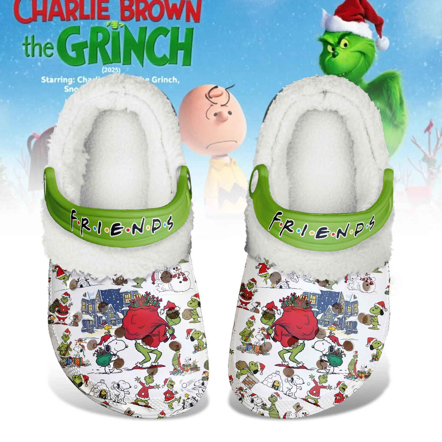 Gleammerch The Grinch x Snoopy x Christmas Fleece Crocs Crocband Clogs Shoes Comfortable For Men Women and Kids